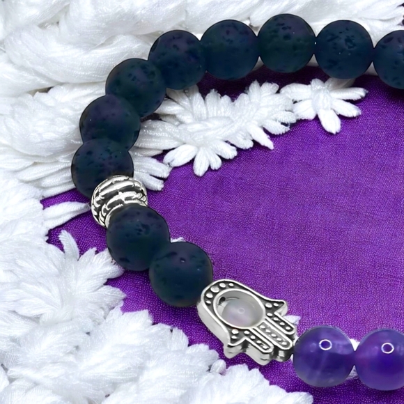 🆕️Hamsa Volcanic Lava Rock & Amethyst Stretch Bracelet + Bonus Boho Earrings 💜 - Picture 10 of 11